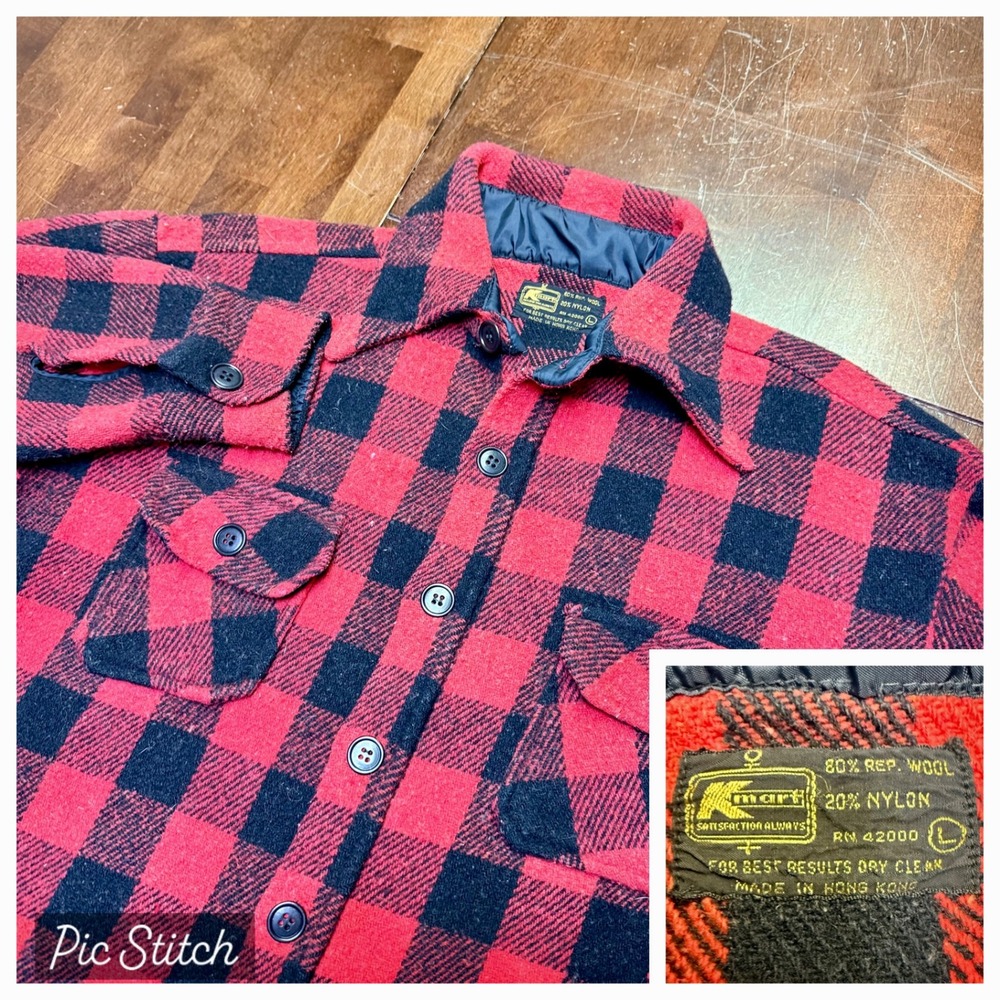 Kmart Buffalo Plaid‎ Wool Flannel Shirt Mens Large Red Black Vintage Button 70's